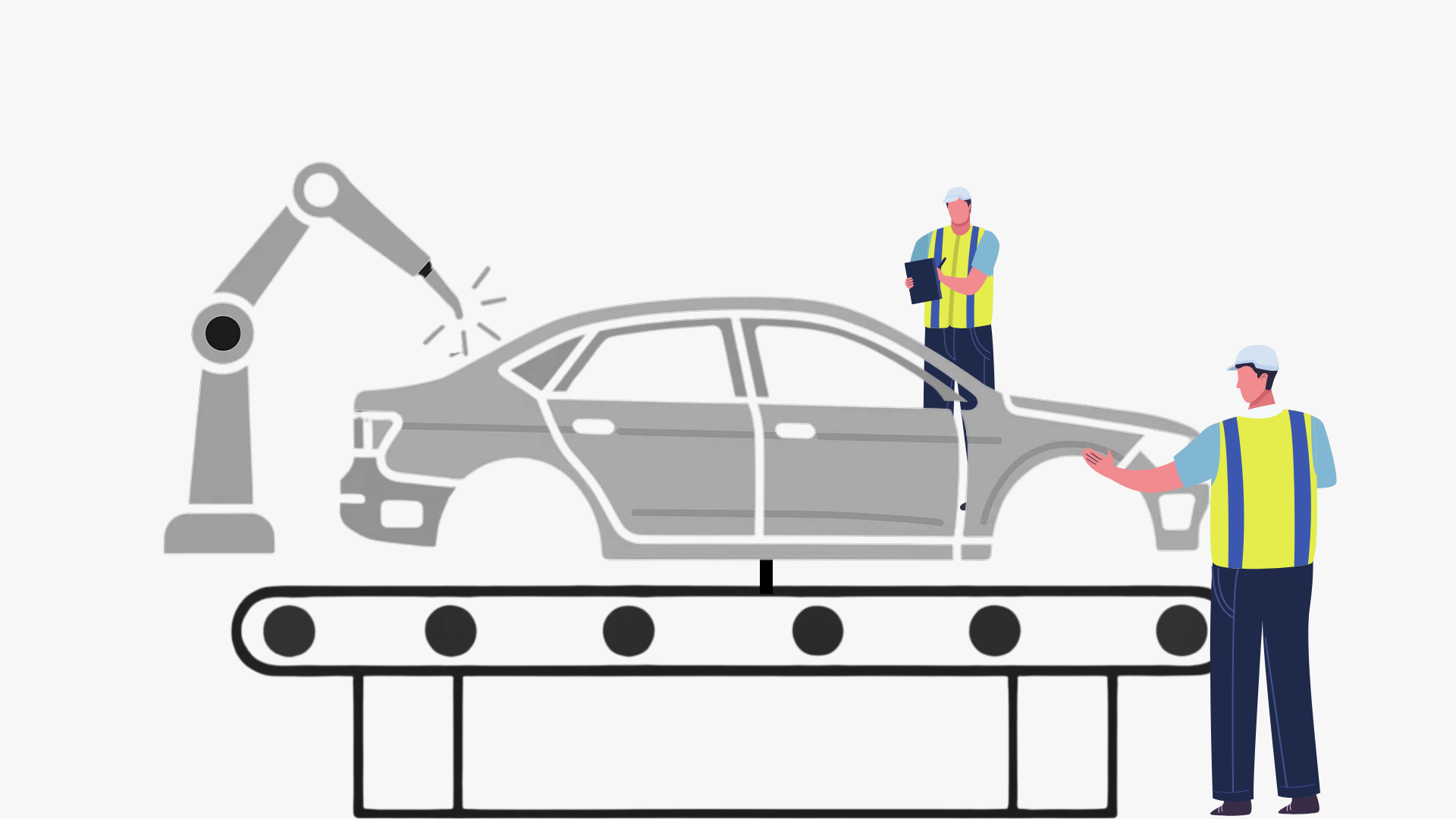Illustration of an automotive assembly line with a robotic arm welding a car body. Two workers in high-visibility vests inspect and monitor the vehicle on the conveyor, representing quality control and automated manufacturing processes.