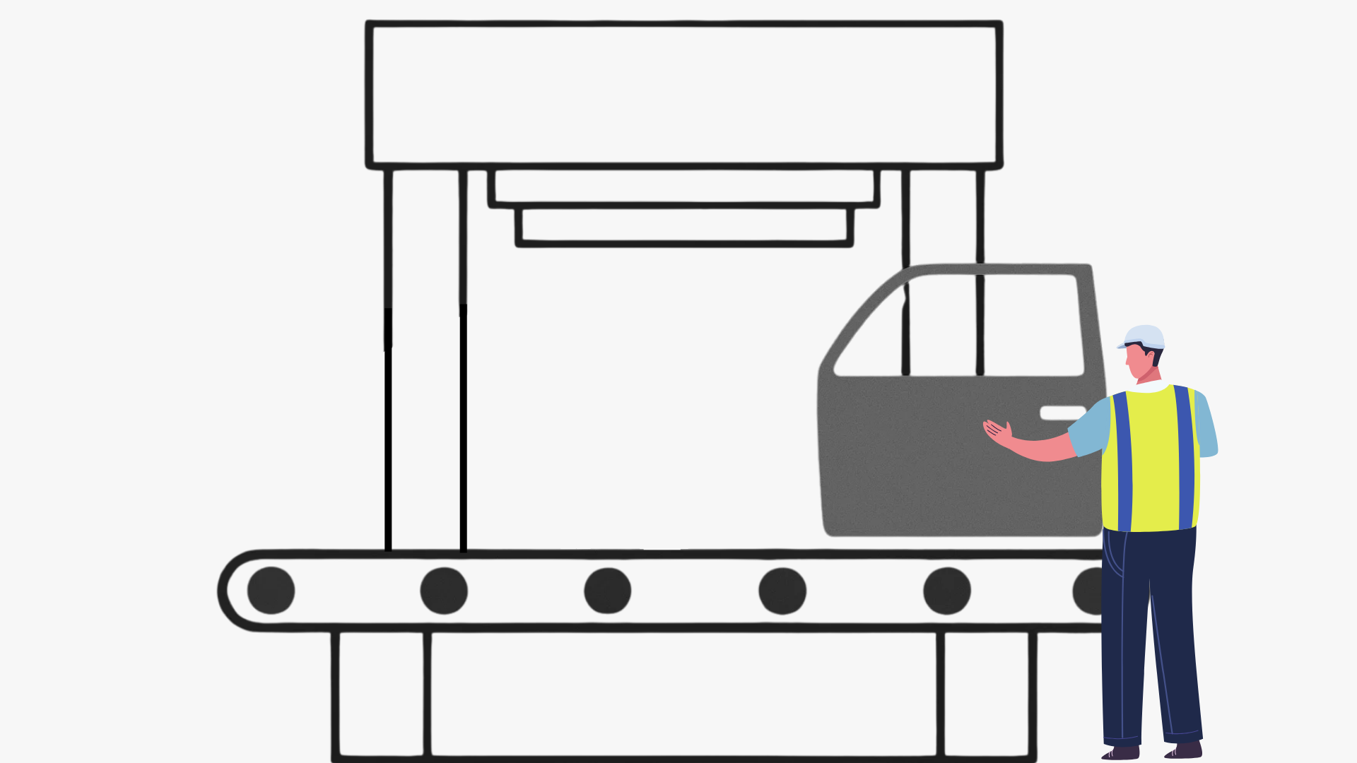 Illustration of a worker in a high-visibility vest inspecting a car door panel on a conveyor line beneath a large industrial press machine, representing a stamping or forming process in automotive manufacturing.