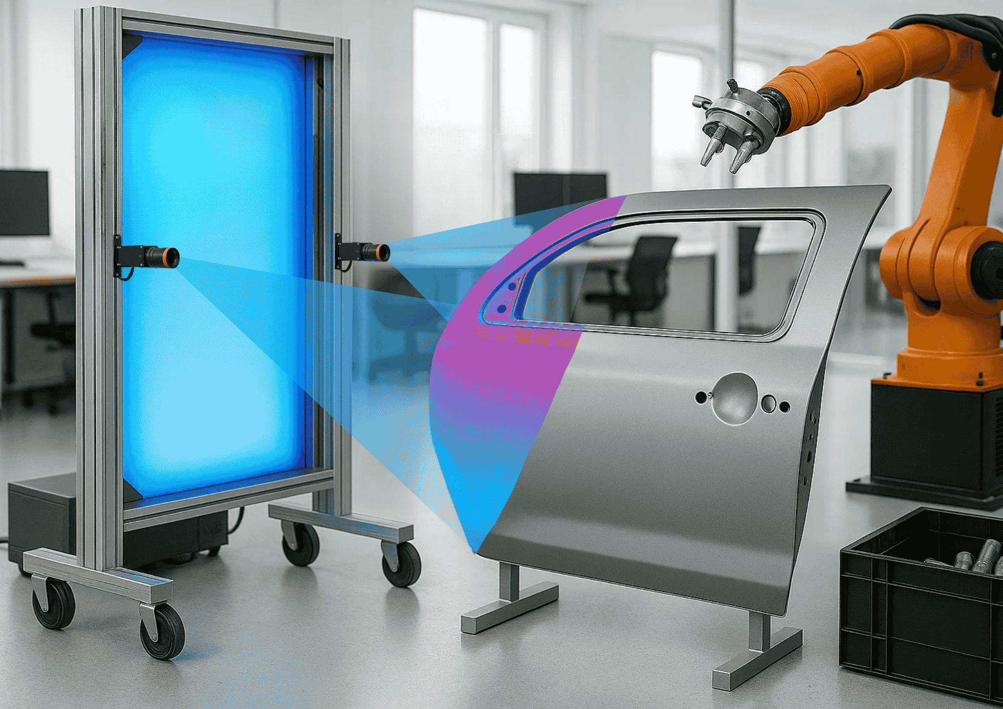 Robotic inspection setup in a lab environment featuring an industrial robot arm and a car door mounted on a stand. A blue backlit panel with mounted cameras projects light across the door surface for defect detection, with visible scanning beams illustrating the vision system in action.