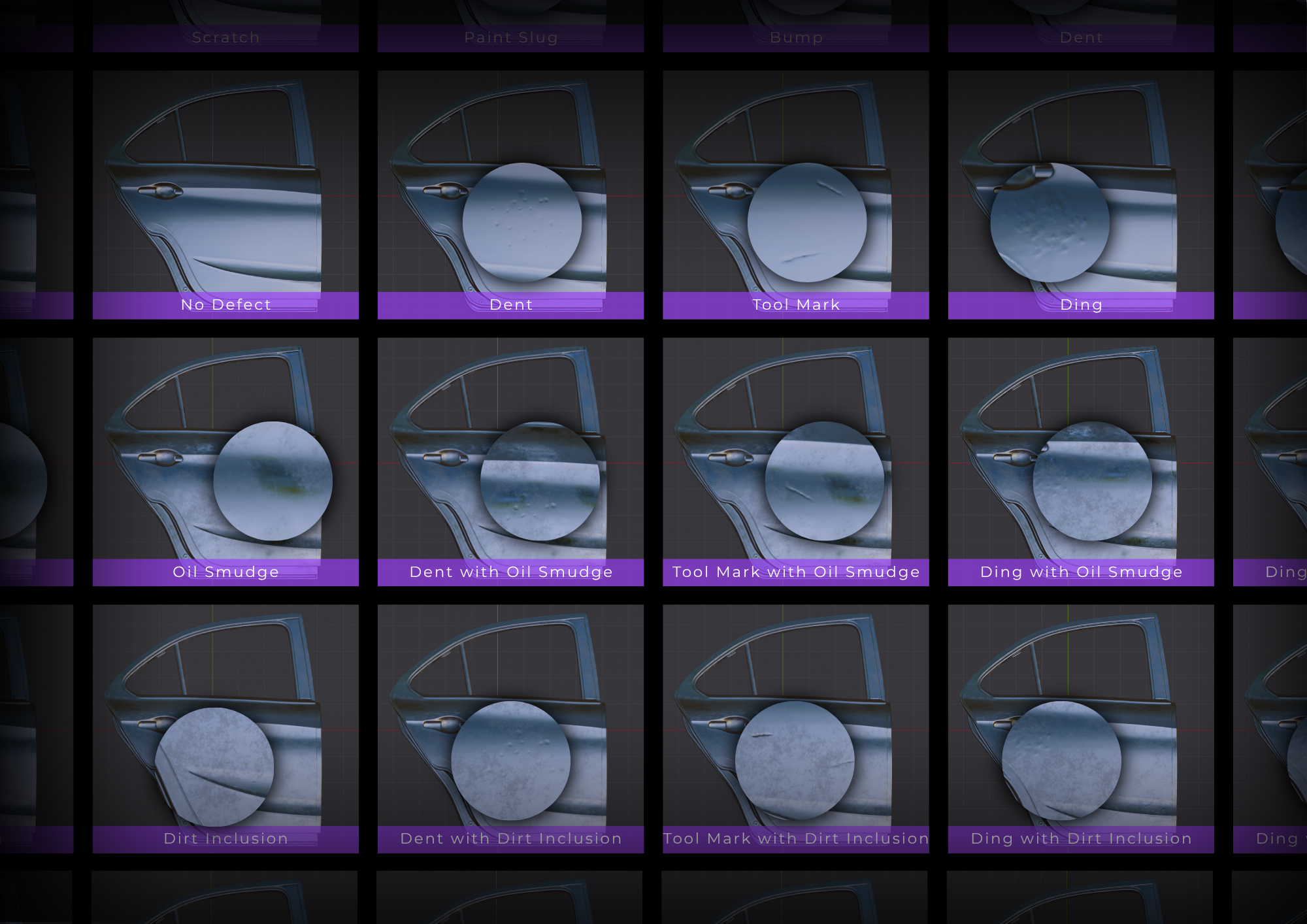 Grid of car door images showcasing various surface conditions and defect types used for AI model training. Labels below each image include “No Defect,” “Dent,” “Tool Mark,” “Ding,” “Oil Smudge,” “Dirt Inclusion,” and combinations like “Dent with Oil Smudge” and “Tool Mark with Dirt Inclusion.” Each image highlights specific defect zones with circular zoom-in overlays.