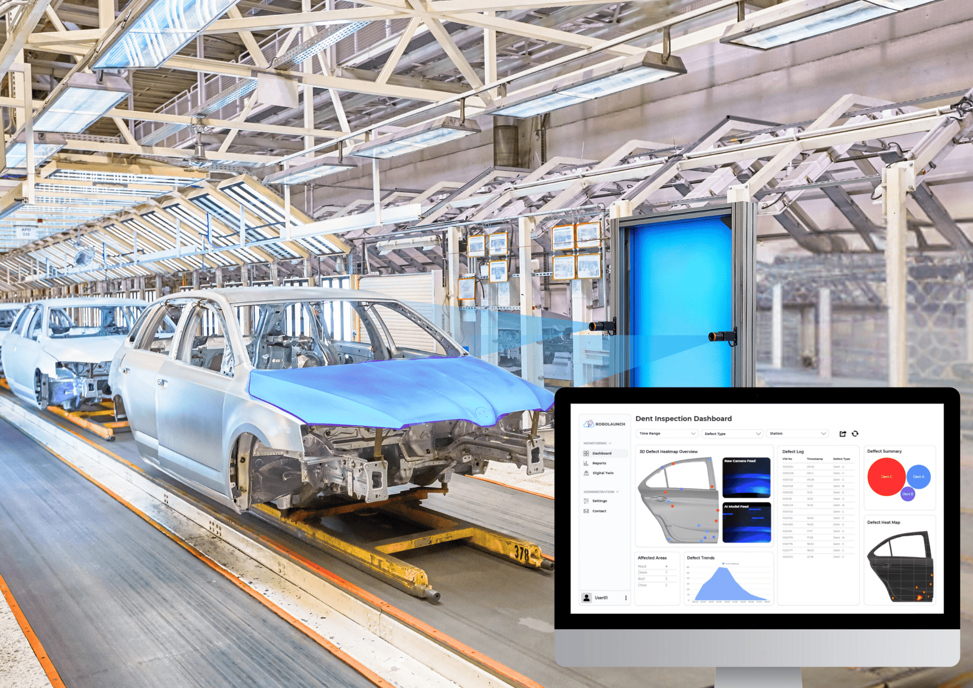 Automotive assembly line with partially assembled car bodies moving along a conveyor system. A blue-lit vision inspection station is positioned beside the line, scanning the surface of a car hood. In the foreground, a computer screen displays a “Dent Inspection Dashboard” showing defect detection results, heatmaps, and analytics of a car door inspection.