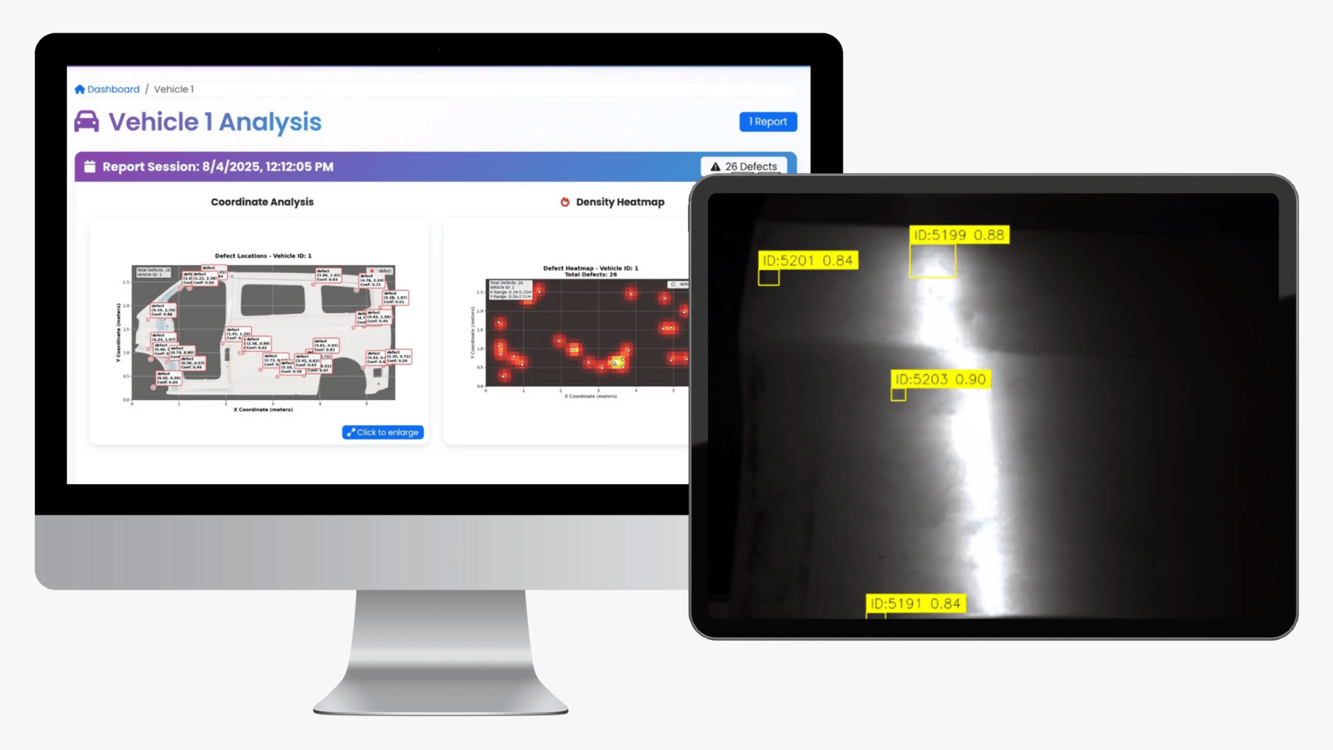 Dashboard and defect visualization interface of the robolaunch Vision AI Surface Inspection system, showing vehicle defect heatmaps and real-time detection outputs on a tablet.
