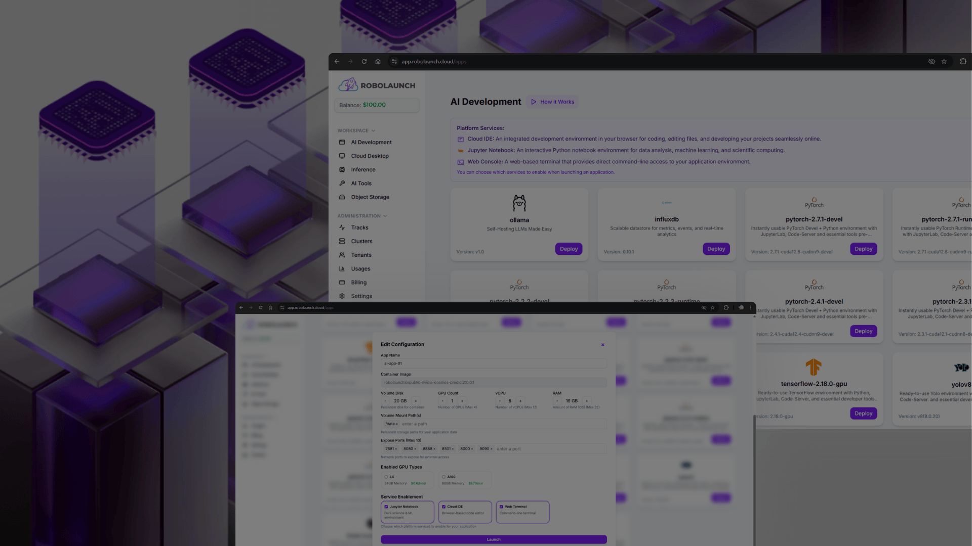 robolaunch AI Infrastructure dashboard showing cloud-based AI development tools, GPU configuration panel, and deployment options for Jupyter Notebook, Cloud IDE, and inference workloads.