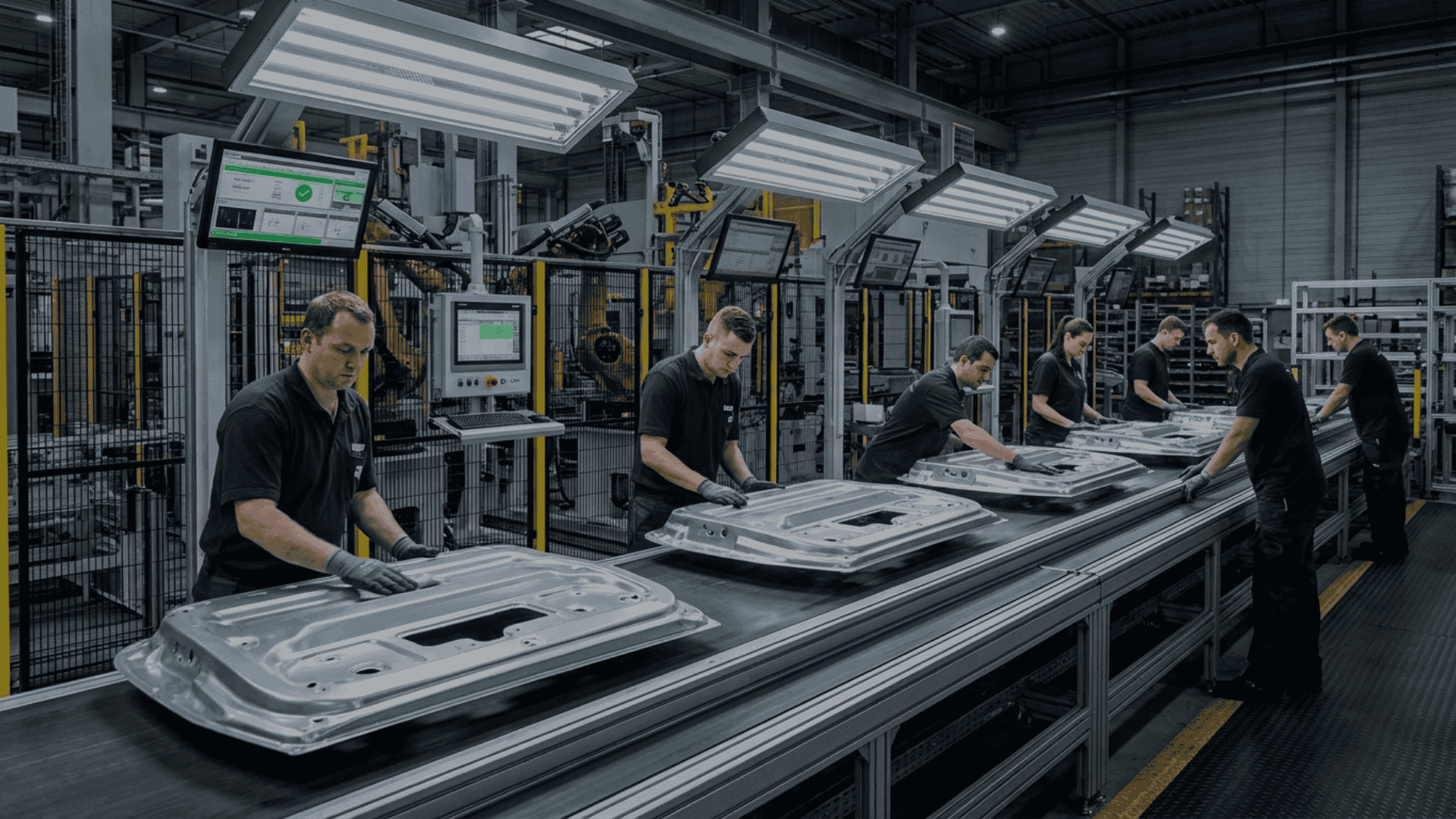 Manual surface inspection of stamped automotive panels on a production line, with quality technicians checking each part under bright inspection lighting and monitoring systems.