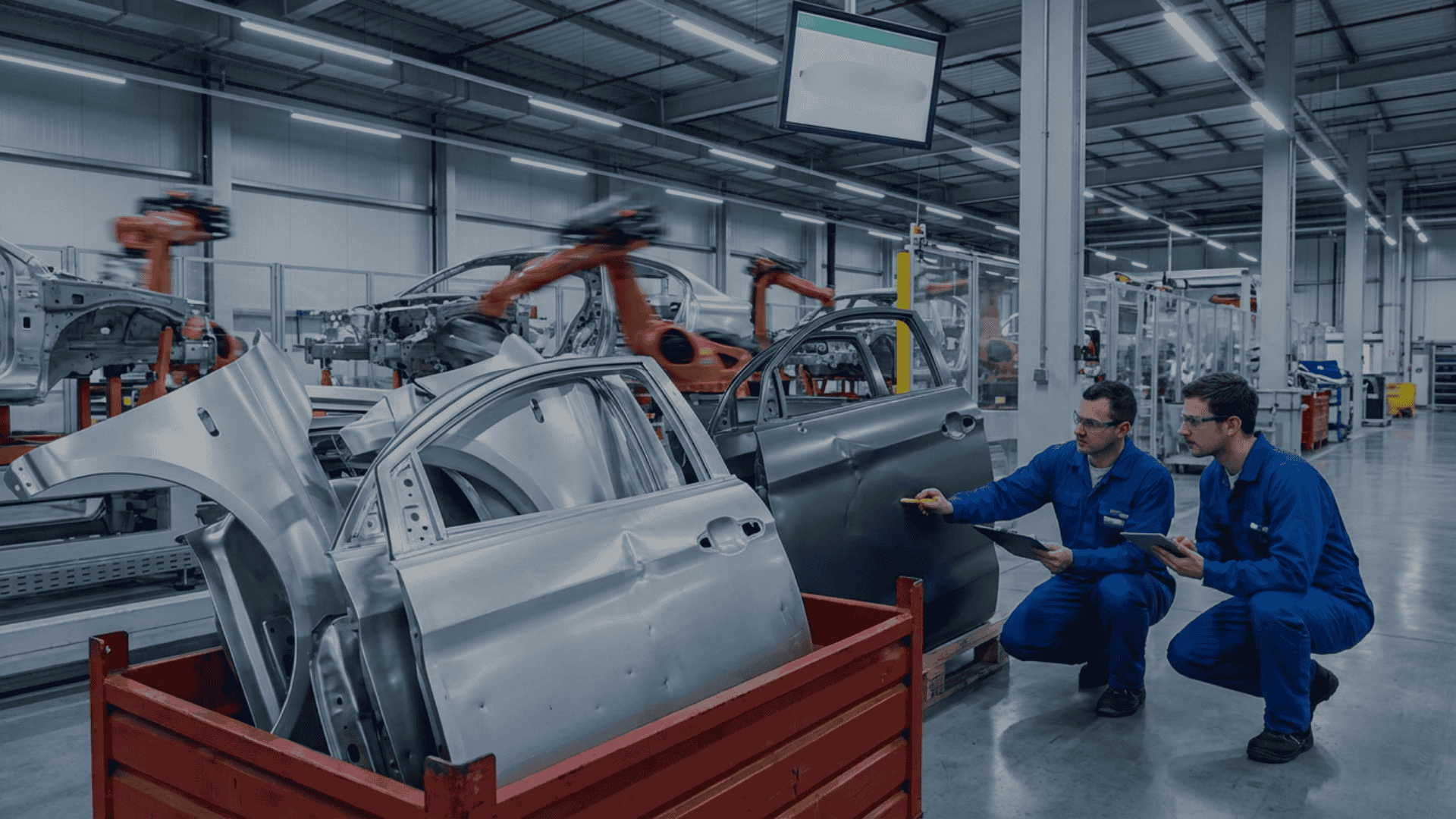 Two quality engineers inspecting stamped automotive body panels for dents and deformities inside a modern production line, with robotic arms operating in the background.