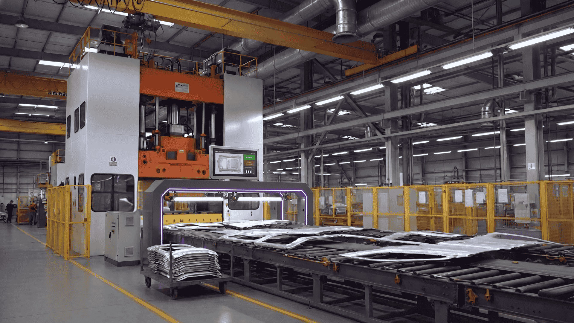 Robolaunch Vision AI Surface Inspection system integrated into a press shop, positioned after a large metal stamping press to inspect freshly stamped panels on the conveyor in real time, with multi-camera coverage and an operator display for immediate defect visualization.