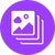 Purple circular icon showing layered image frames, symbolizing synthetic data generation and augmented training datasets.