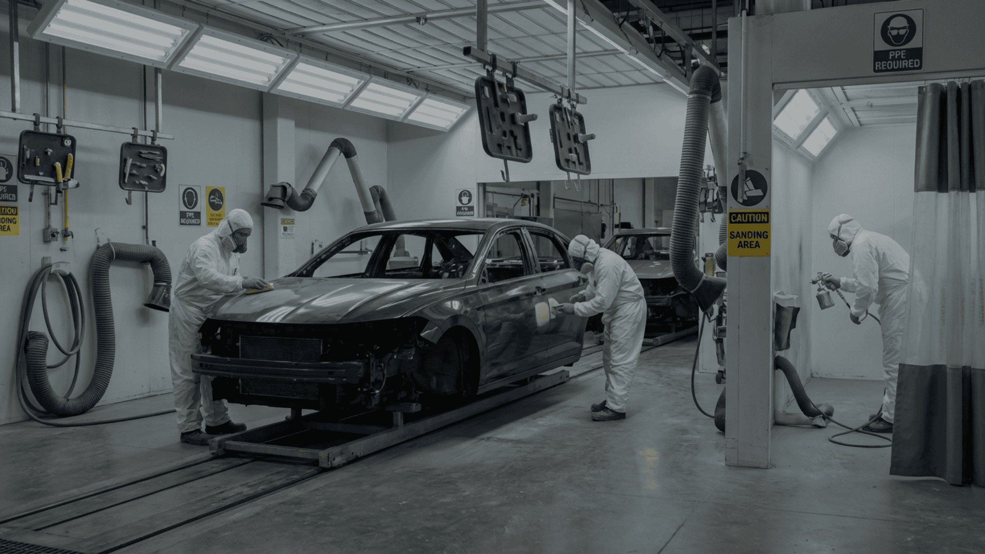 Technicians in protective suits manually sanding and preparing vehicle body panels inside an automotive body shop, highlighting traditional surface quality inspection and paint preparation processes.