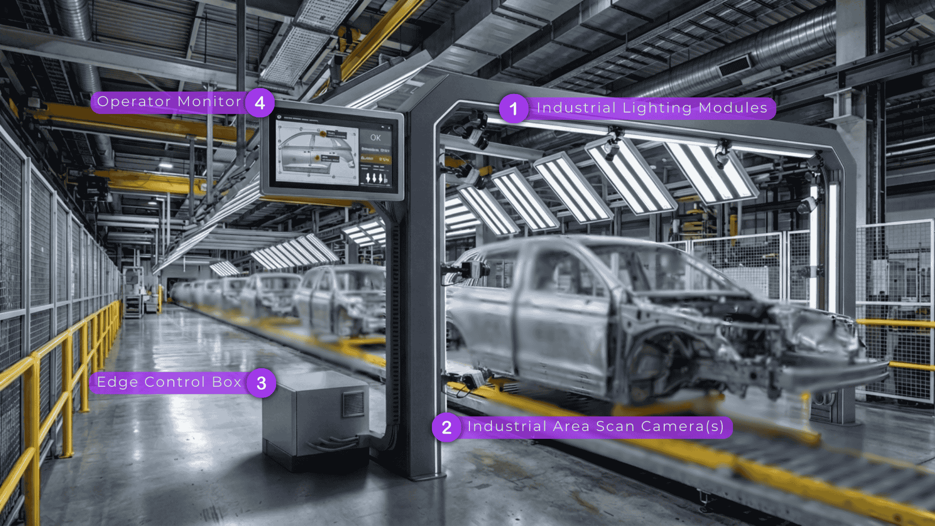 Hardware setup for Vision AI Surface Inspection showing industrial lighting, 2D cameras, and control panel installed on an automotive production line.