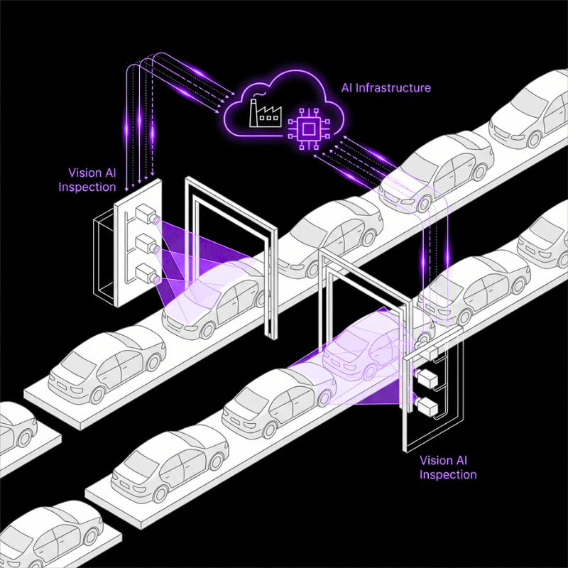 Diagram showing Vision AI inline inspection on an automotive production line, where fixed inspection gates capture vehicle surfaces and connect to cloud-based AI infrastructure for training and deployment.