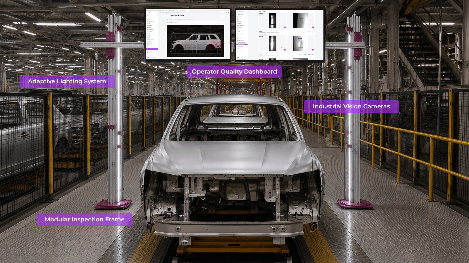 Hardware setup for Vision AI Surface Inspection showing industrial lighting, 2D cameras, and control panel installed on an automotive production line.