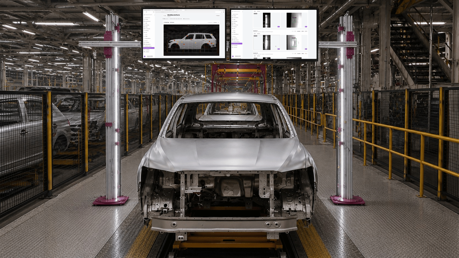 Automotive inline Vision AI inspection station for surface defect detection on a vehicle body production line.