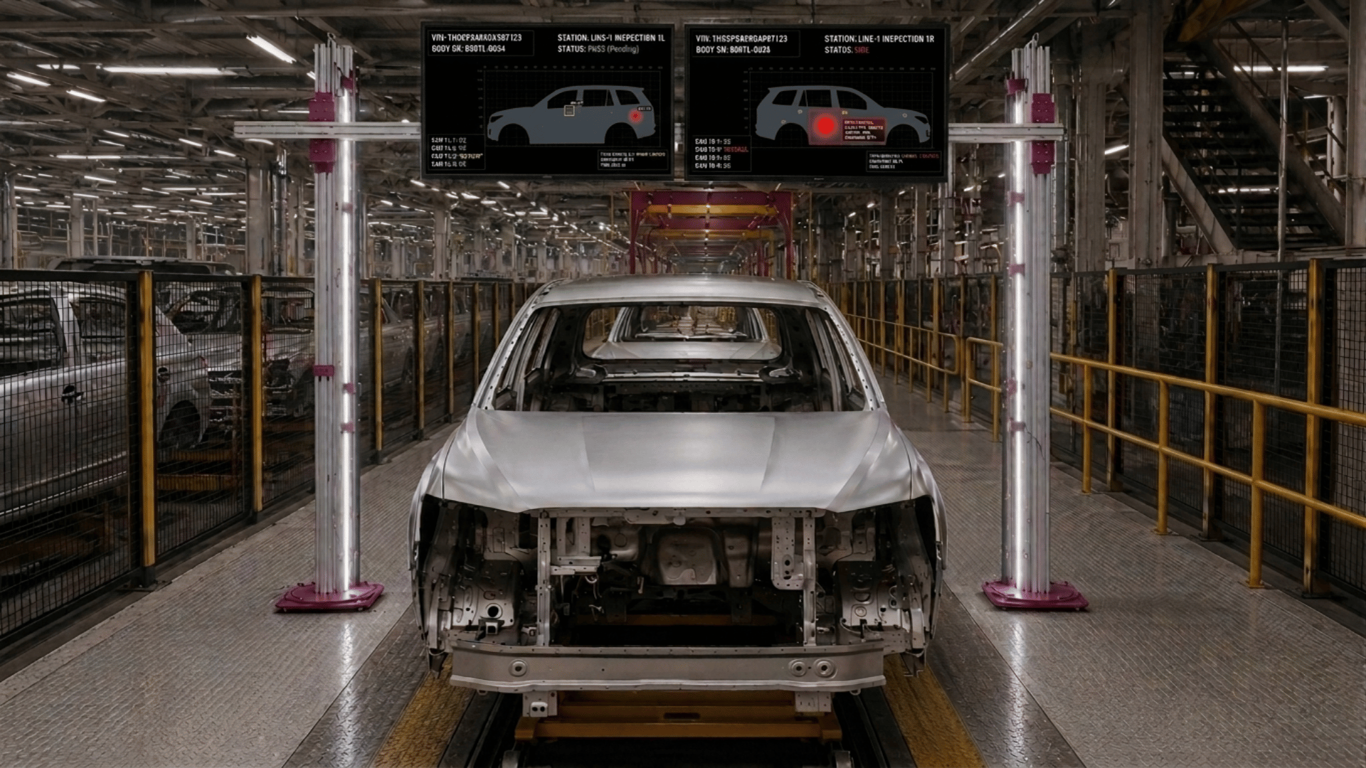 Automotive inline Vision AI inspection station for surface defect detection on a vehicle body production line.