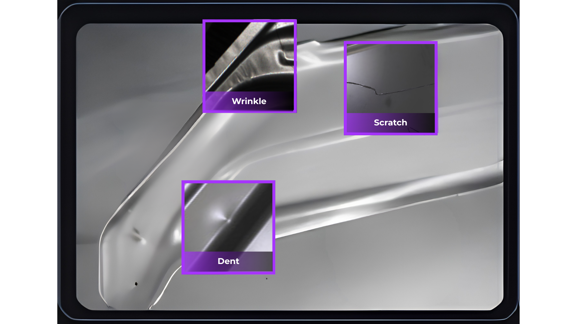 Metal surface with three highlighted defects: a wrinkle at the top left, a scratch at the top right, and a dent near the bottom left, each labeled with purple boxes.