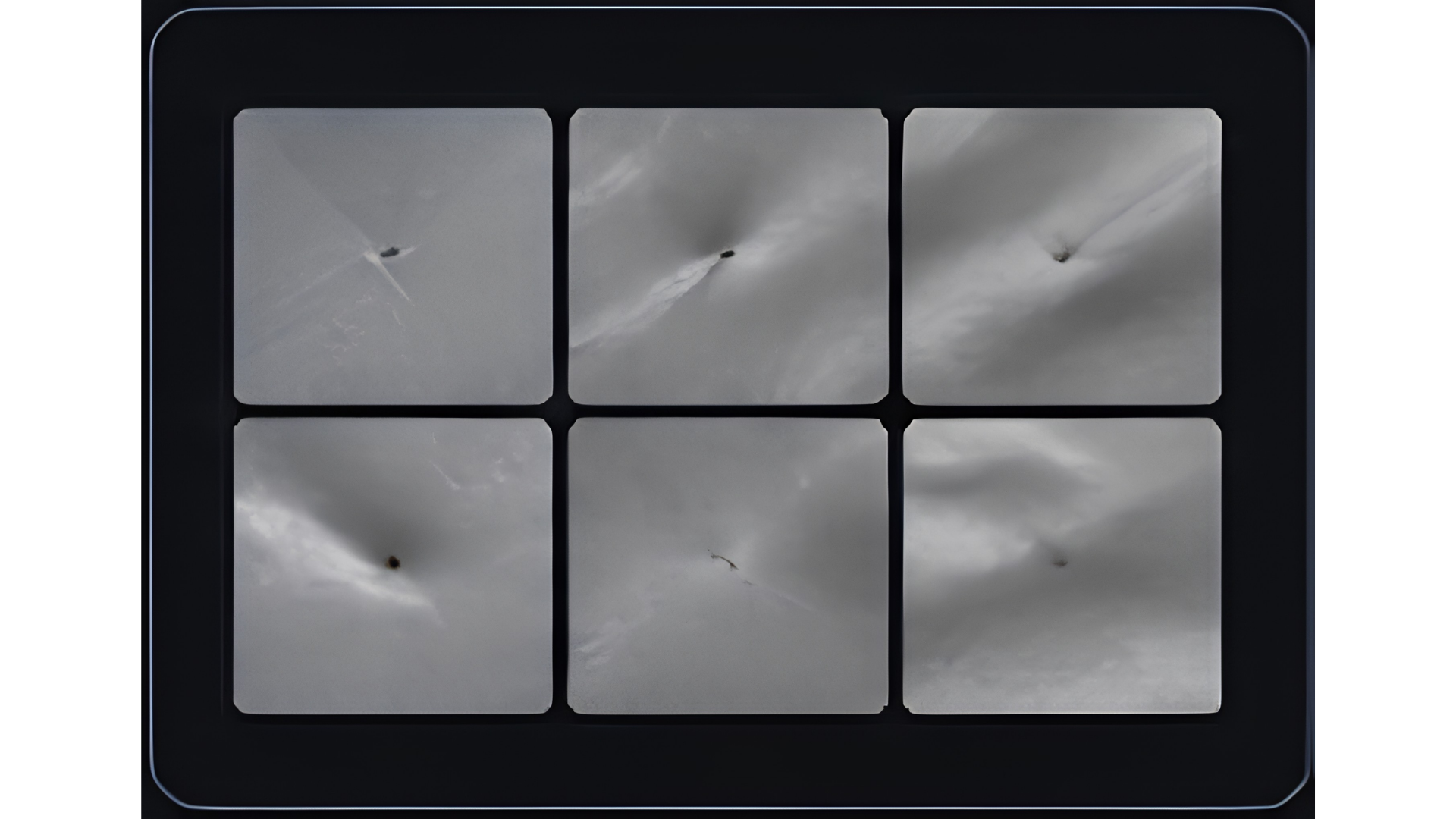 Six black and white images arranged in two rows and three columns showing an object with a trail, possibly a missile or rocket, moving through the sky captured from different angles or moments.