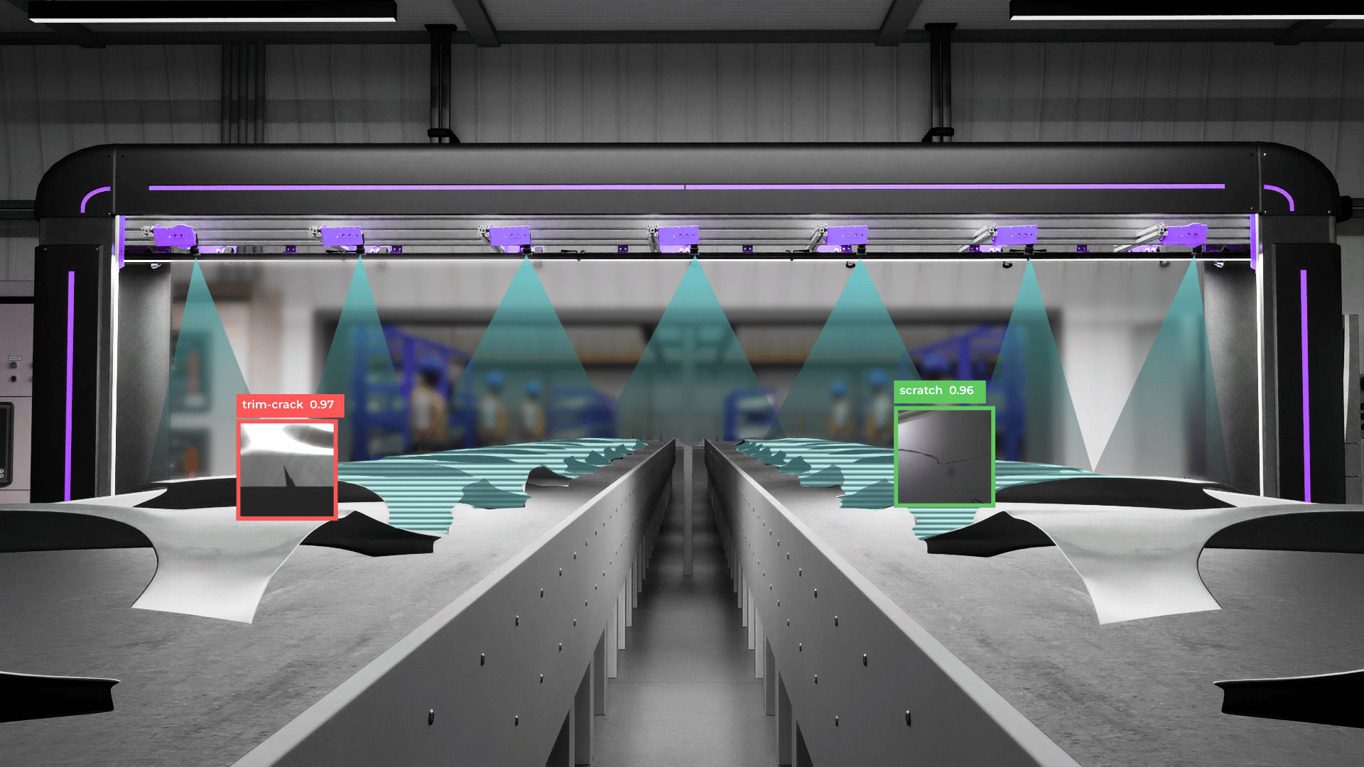 Industrial inspection system scanning black and white leather pieces on a conveyor belt, highlighting a trim crack with 0.97 confidence and a scratch with 0.96 confidence using overhead sensors.