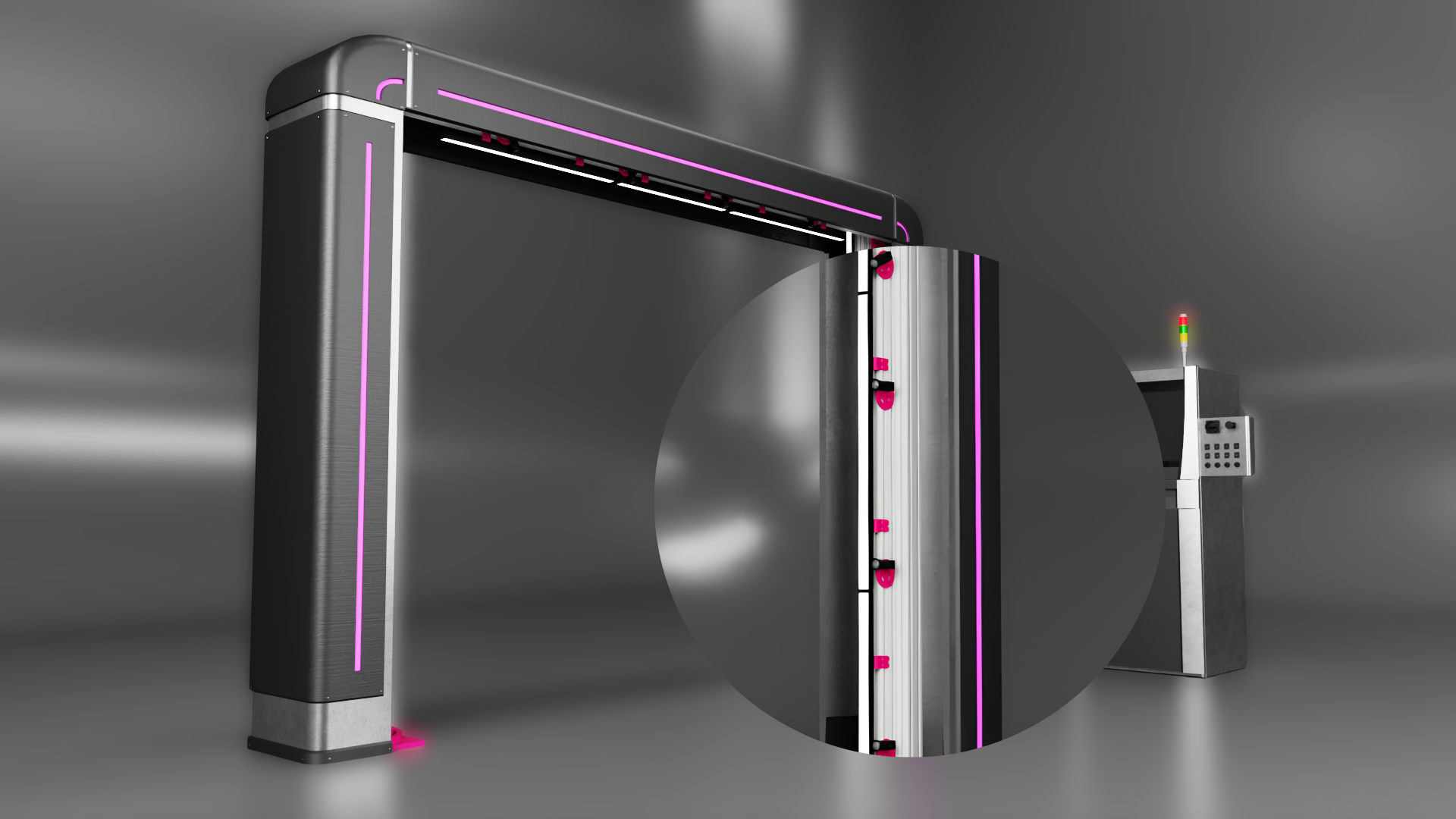 Modern metal walk-through security scanner with pink LED lines and multiple sensors along the vertical column, connected to a control panel with status lights on top.