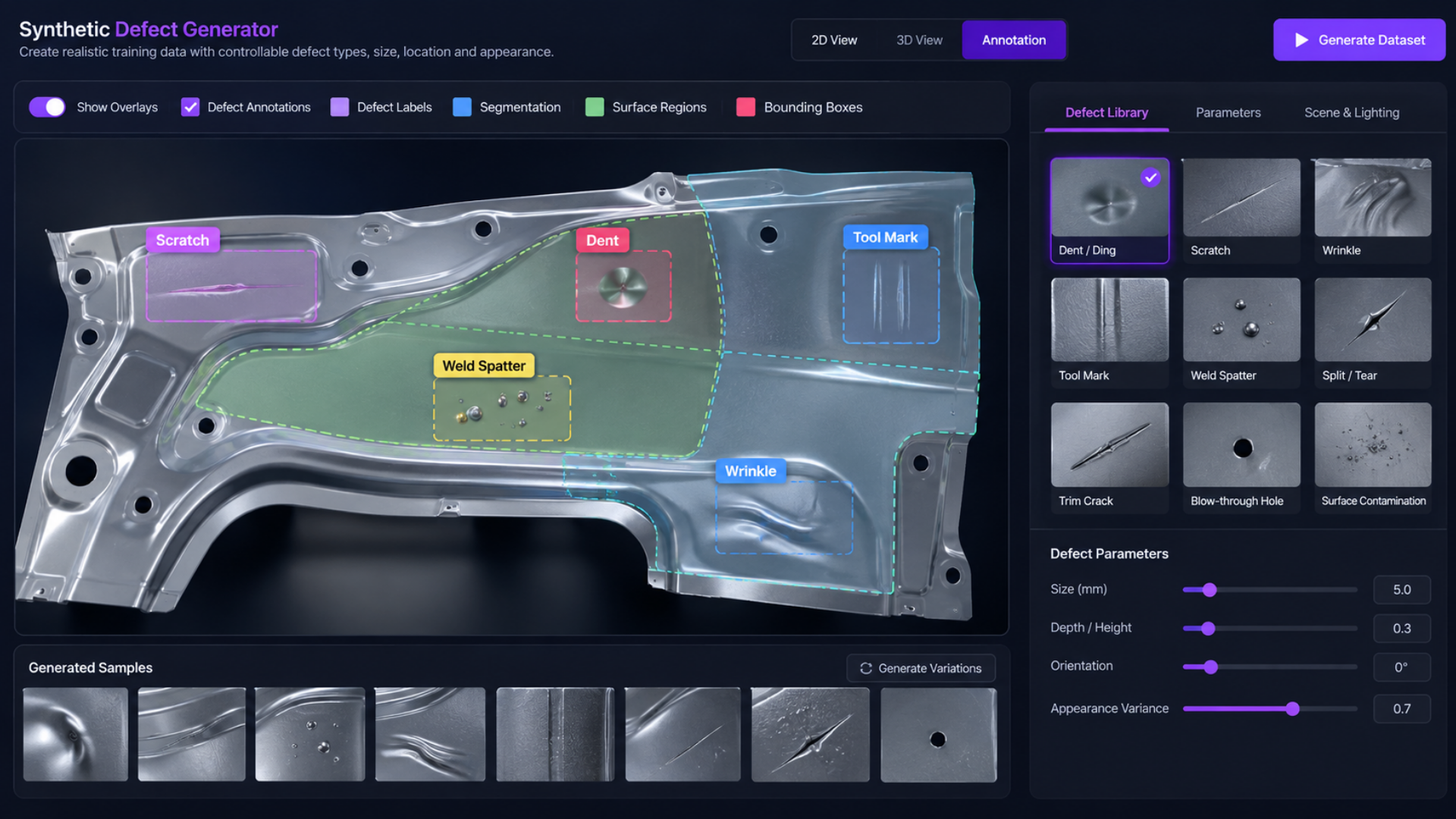 Software interface for Synthetic Defect Generator displaying a car door panel with overlay annotations highlighting defects: scratch, dent, tool mark, weld spatter, and wrinkle. Tabs at the top allow switching between 2D View, 3D View, and Annotation. Defect Library on the right shows selectable defect types with Dent/Ding selected. Defect Parameters sliders control size, depth, orientation, and appearance variance. Generated samples of defect close-ups are shown at the bottom.