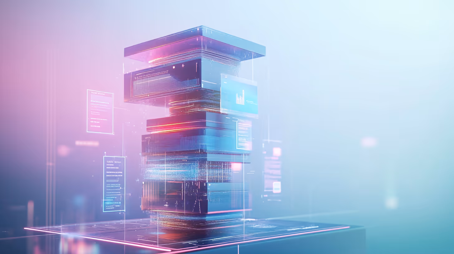 Futuristic digital server stack with glowing blue and pink lights, surrounded by floating data panels on a soft gradient background, conveying innovation.