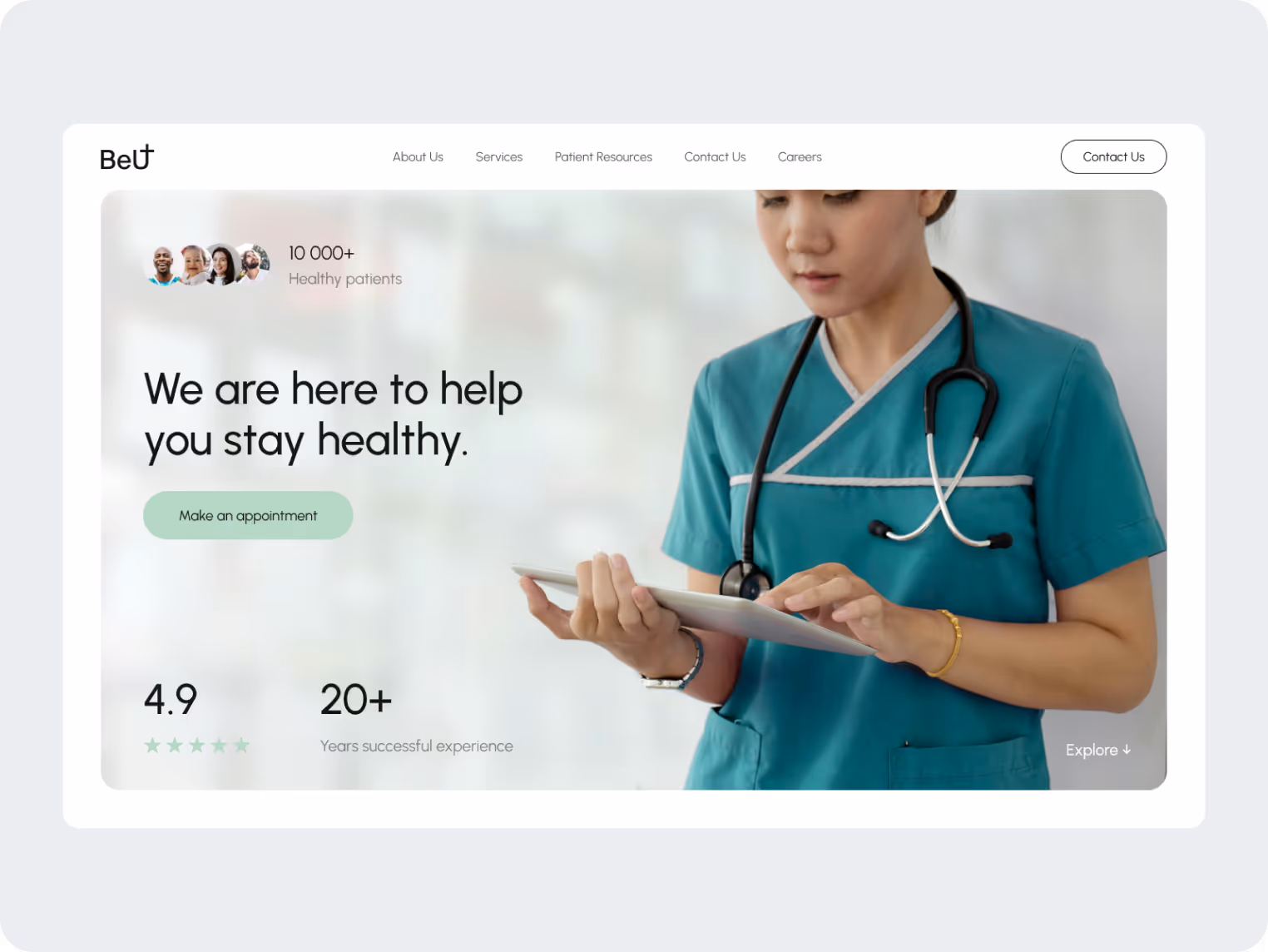 Medical website homepage featuring a nurse in teal scrubs using a tablet. Text reads, “We are here to help you stay healthy.” Option to make an appointment.