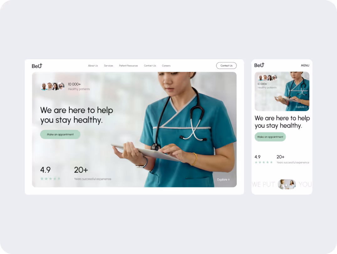 Website and mobile layout for a healthcare service. Features a nurse in teal scrubs with a stethoscope, text saying 'We are here to help you stay healthy,' and options for making an appointment. Includes patient statistics and a ratings section.