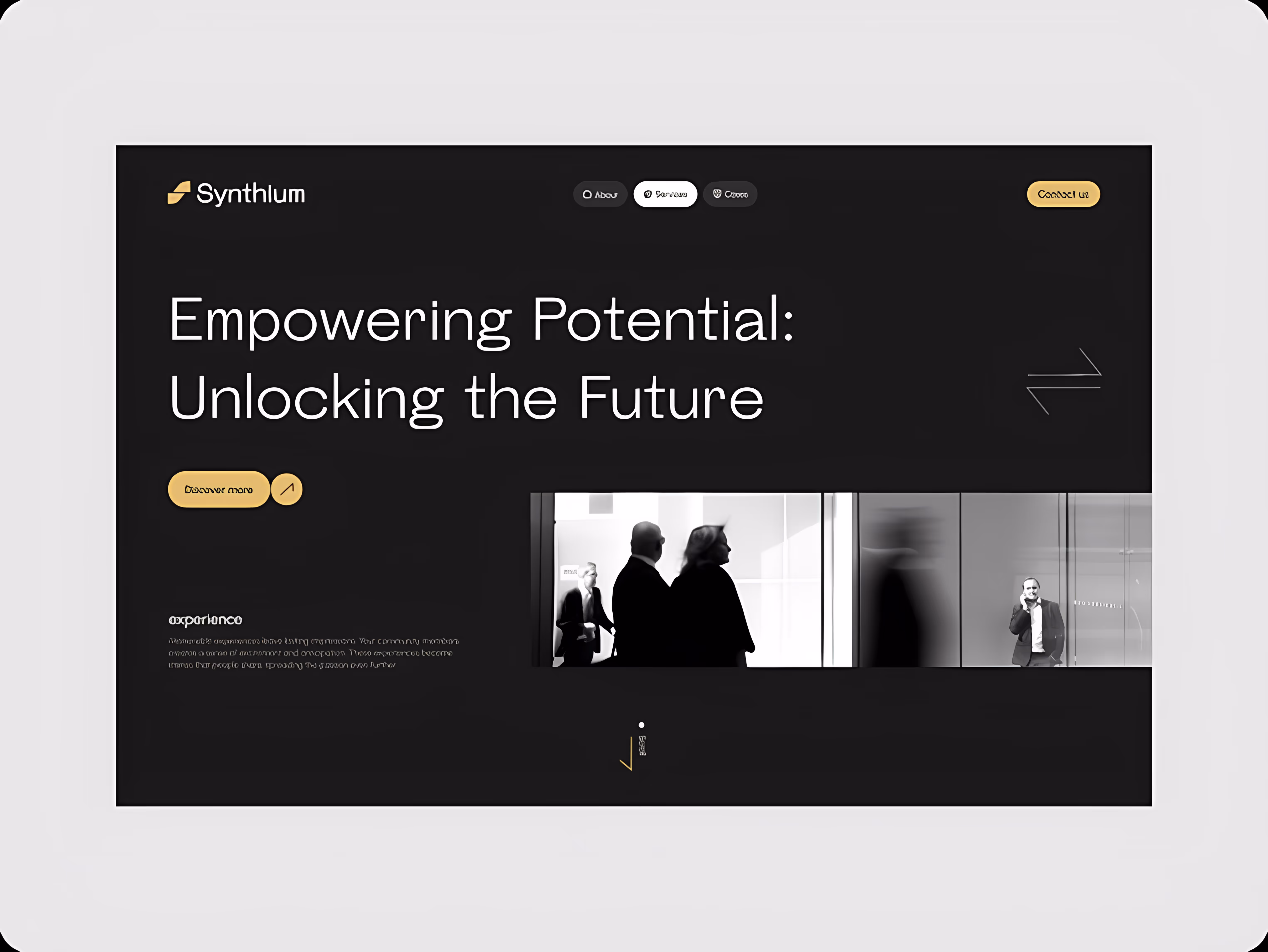 A sleek website homepage with a black background. White text reads "Empowering Potential: Unlocking the Future." Blurred images of people are on the right. The tone is modern and professional.