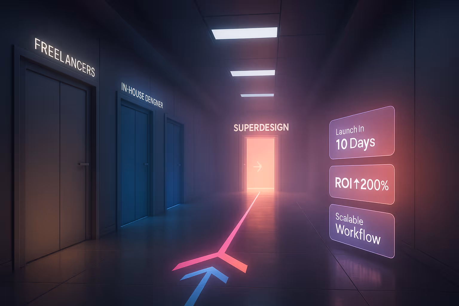 A futuristic hallway features three doors labeled Freelancers, In-House Designer, and Superdesign, with glowing arrows pointing towards Superdesign, indicating it in bright light. To the right, digital signs highlight benefits: “Launch in 10 Days,” “ROI ↑ 200%,” and “Scalable Workflow.”