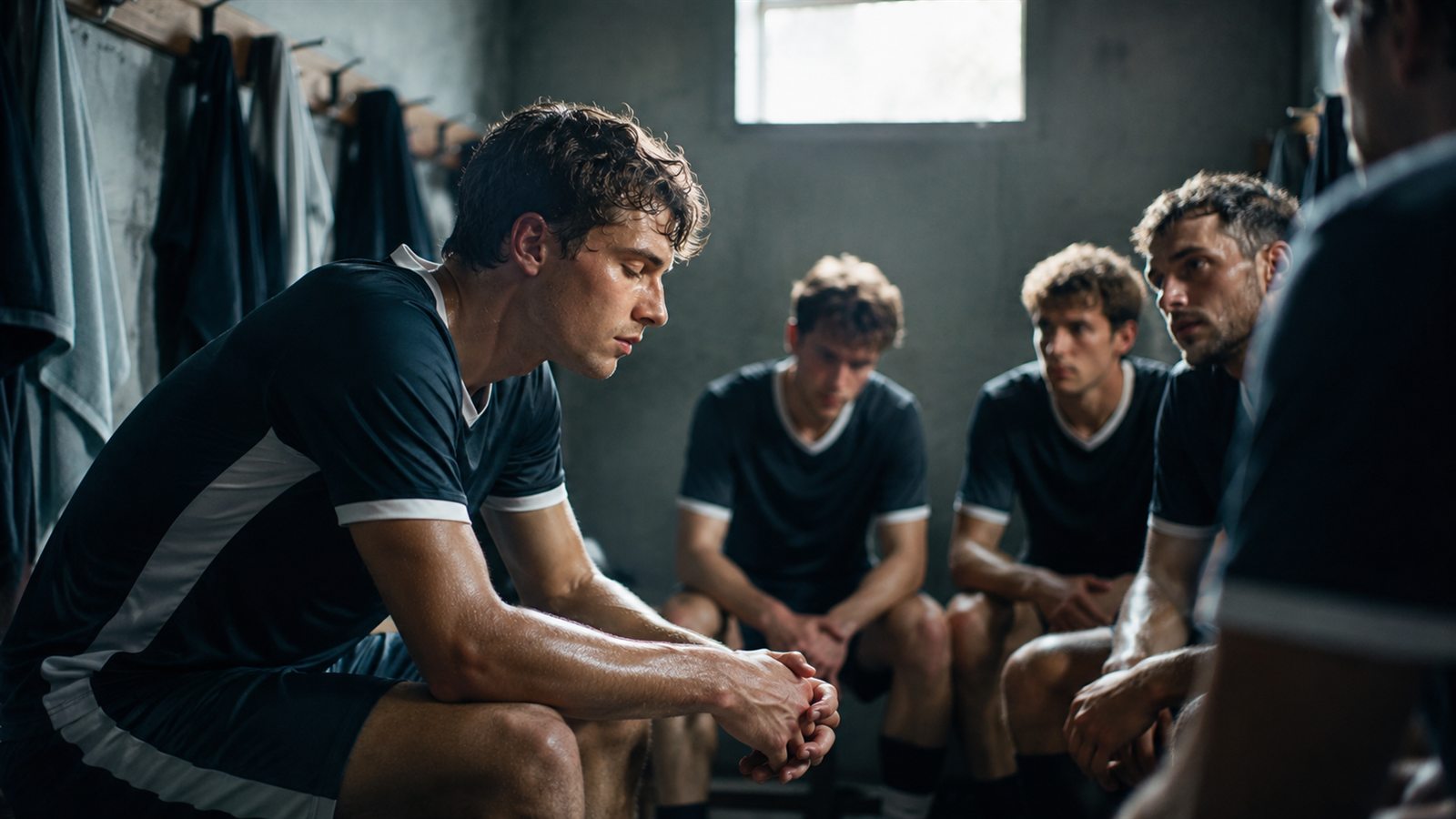 Joueurs de sport collectif au vestiaire à la mi-temps, en récupération mentale silencieuse — préparation mentale méthode FEELS©, EPhi-Sports