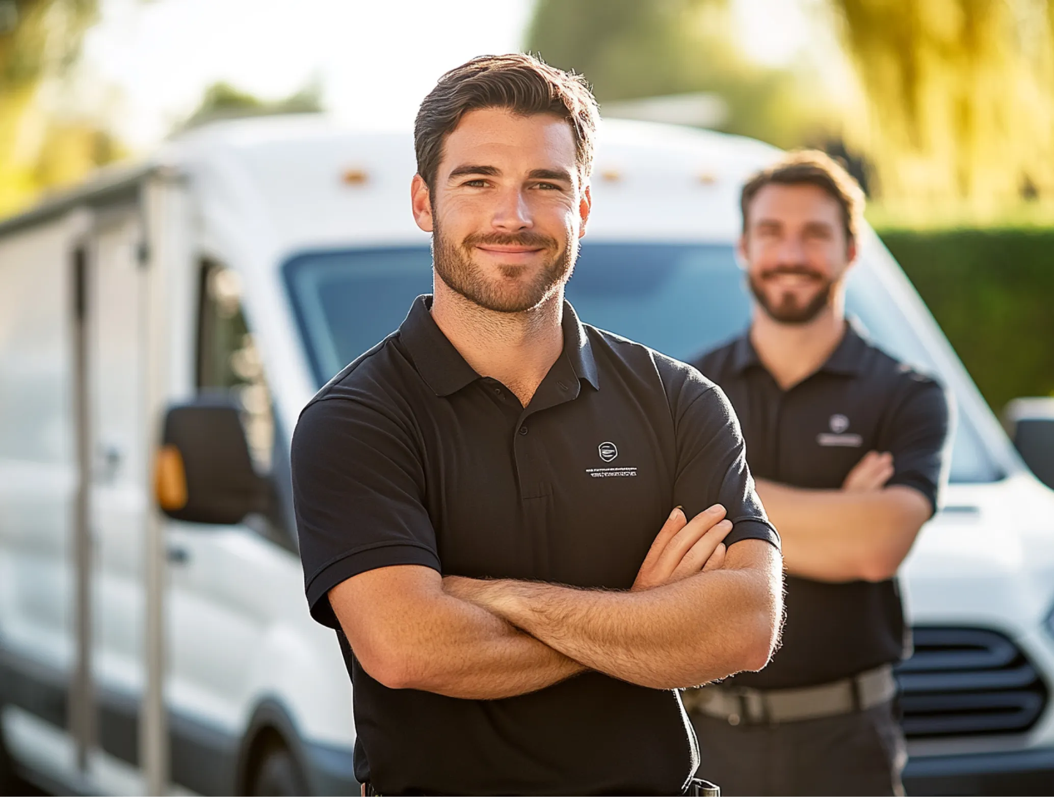 Two men in company uniforms stand in front of a white delivery van. One man is in focus with arms crossed, smiling; the other is smiling in the background.