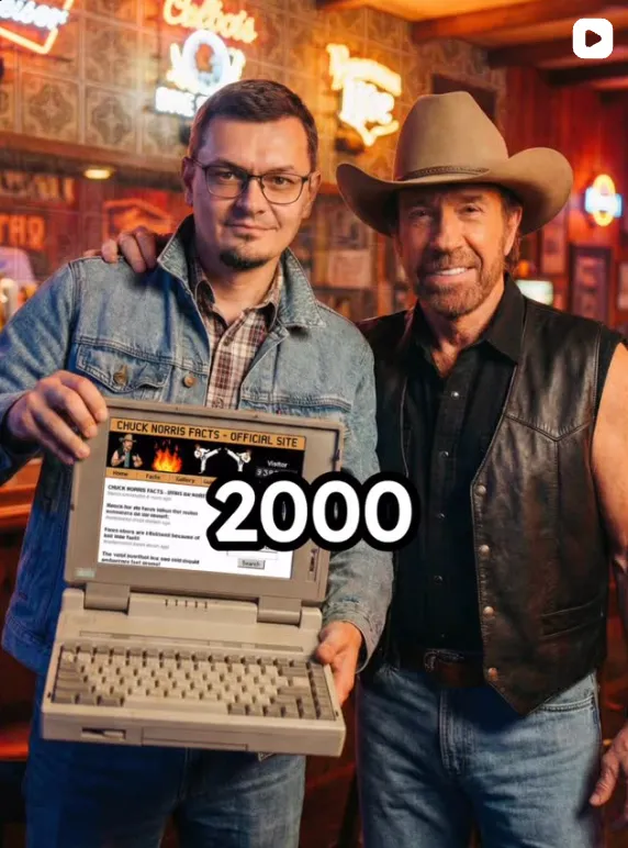 Zwei Männer, einer mit Cowboyhut und Lederweste, der andere mit Jeansjacke, halten einen alten Laptop mit der Webseite 'Chuck Norris Facts' aus dem Jahr 2000.