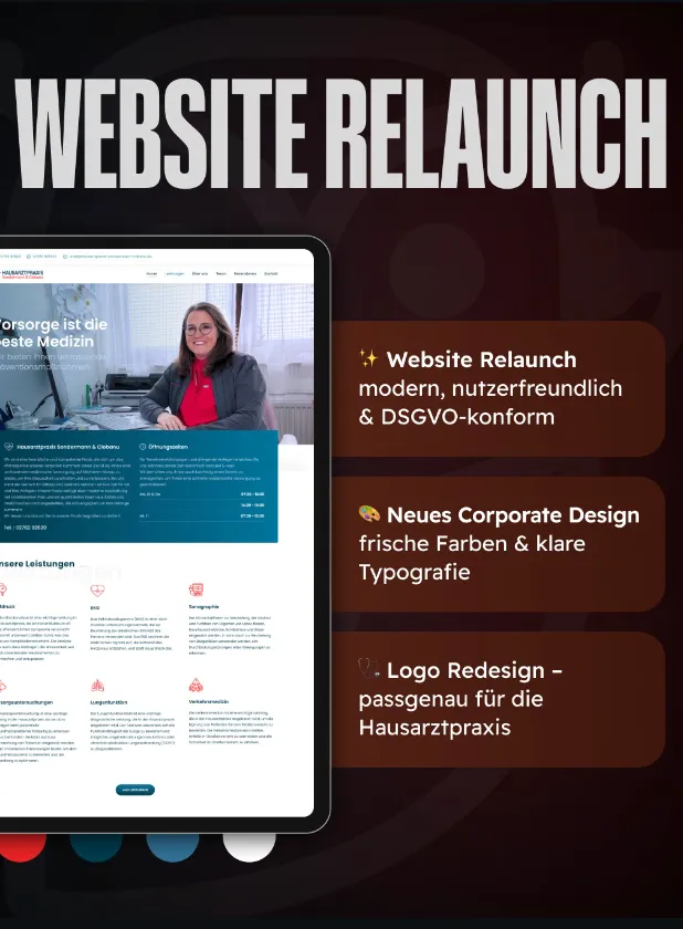 Tablet zeigt moderne Hausarztpraxis-Webseite; daneben Text zu Website-Relaunch, neuem Corporate Design und Logo-Redesign.