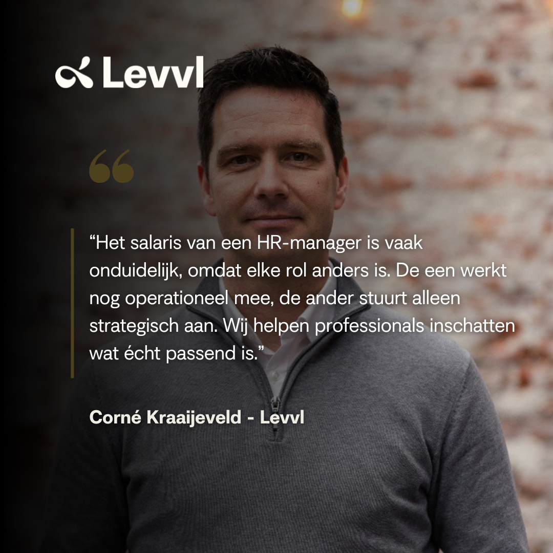 Corné Kraaijeveld van Levvl staat voor een lichte bakstenen muur en deelt een quote over HR Manager salarissen. De quote benadrukt dat salarissen sterk variëren per rol en dat Levvl helpt inschatten wat passend is voor HR-professionals.