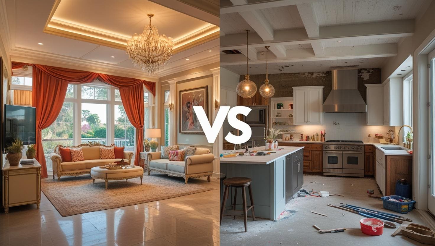 Visual contrast of dream home vs. renovation chaos, spotlighting the power of financing for clients.