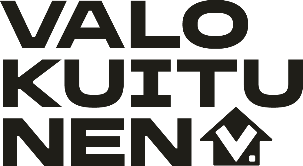 Black text spelling 'VALOKUITUNEN' in three stacked rows, with the last letter 'N' followed by an upward arrow containing a check mark and a small diamond shape.