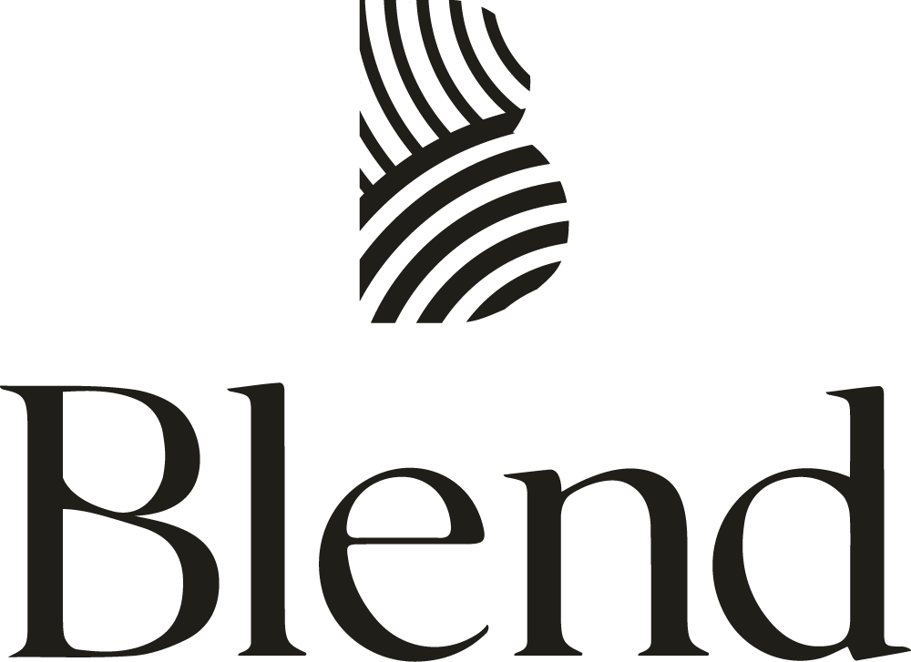 The word 'Blend' in black serif font with a stylized letter 'B' above it featuring curved black and white stripes forming abstract shapes.