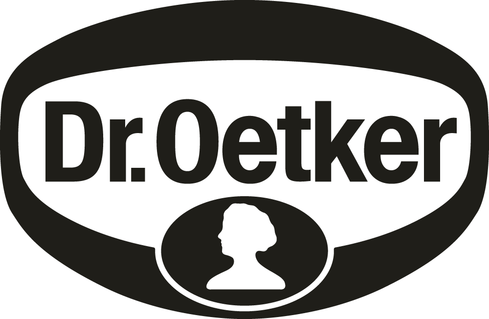 Dr. Oetker logo with bold black text inside an oval shape and a small oval containing a white silhouette of a woman's head below the text.