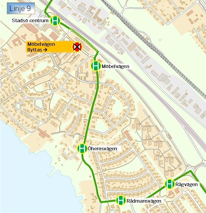 Bild på karta med nya hållplatsläget för hållplats Möbelvägen i närheten av Gäddviksvägen 12.