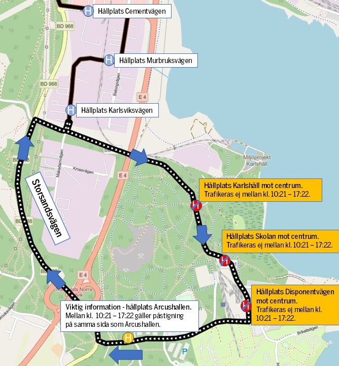 Bild på karta över omvänd linjesträckning och hållplatser som inte trafikeras i riktning mot centrum. 
