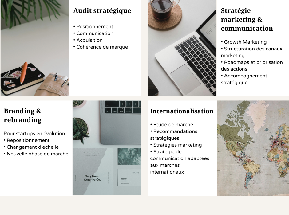 Audit stratégique, stratégie marketing & communication, branding & rebranding, internationalisation : des services adaptés aux étape de croissance de votre startup