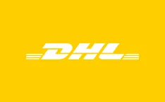 DHL company logo with white text and horizontal lines on yellow background.