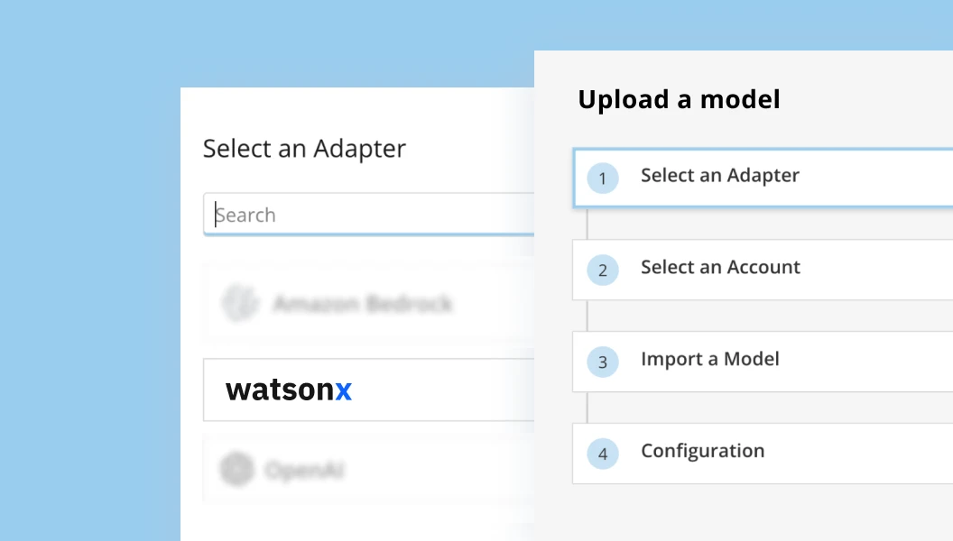 User interface for uploading a model showing steps: select an adapter, select an account, import a model, and configuration, with 'watsonx' adapter highlighted for selection.