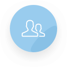 White outline icon of two people on a blue circular background.