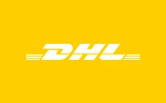 DHL logo with white letters and horizontal speed lines on a yellow background.