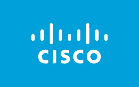 Cisco logo with stylized bridge design above the company name on a blue background.
