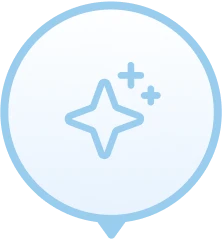 Blue sparkle and stars icon inside a circular badge with a light blue border.
