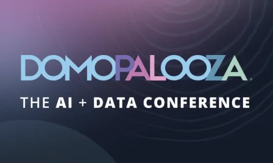 Logo for DOMOPALOOZA, the AI + Data Conference, with gradient text on a dark abstract background.