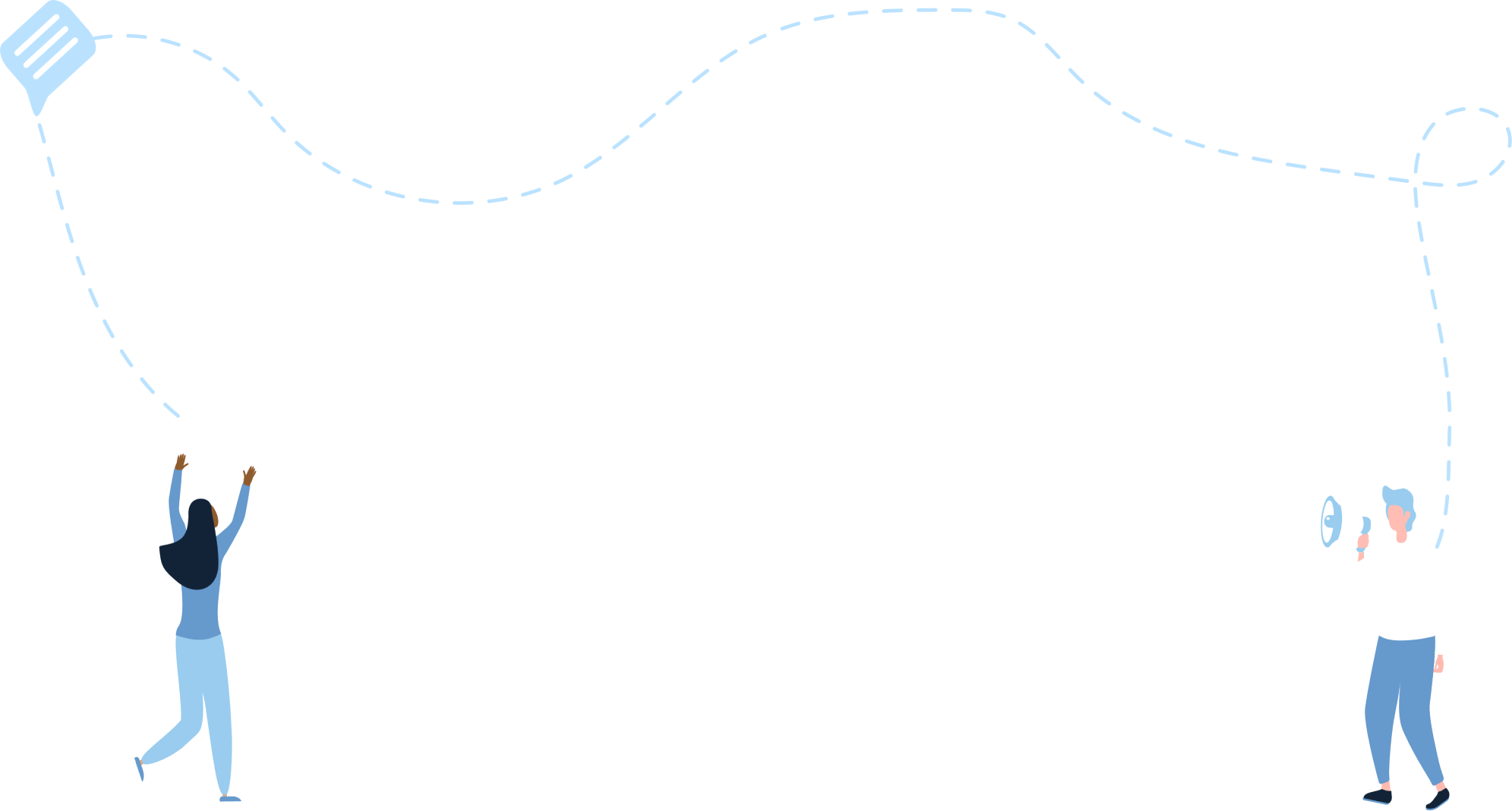 Illustration of a woman holding a large megaphone on the left and a man speaking into a smaller megaphone on the right connected by a dashed line with a chat bubble.
