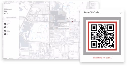 Map interface with a panel showing device details on the left and a pop-up scanning a QR code on the right.