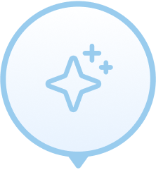 Light blue outlined sparkle icon with two small plus-shaped stars inside a circular pin shape.