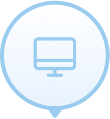 Blue computer monitor icon inside a circular speech bubble with a gradient light blue border.